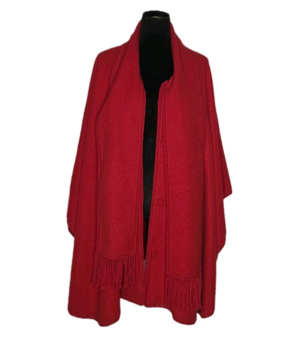 VTG Ccahuantico Alpaca Wool Cape Red Fringe Wrap Shawl Peru OS